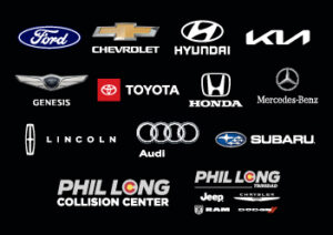 a graphic including the logos of the vehicle manufacturers that Phil Long works with as well as the Phil Long Logos for Collision Center and Phil Long Motors.