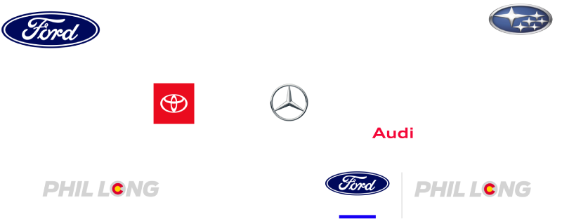 a graphic including the logos of the vehicle manufacturers that Phil Long works with as well as the Phil Long Logos for Collision Center 