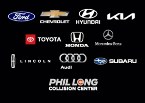 a graphic including the logos of the vehicle manufacturers that Phil Long works with as well as the Phil Long Logos for Collision Center 